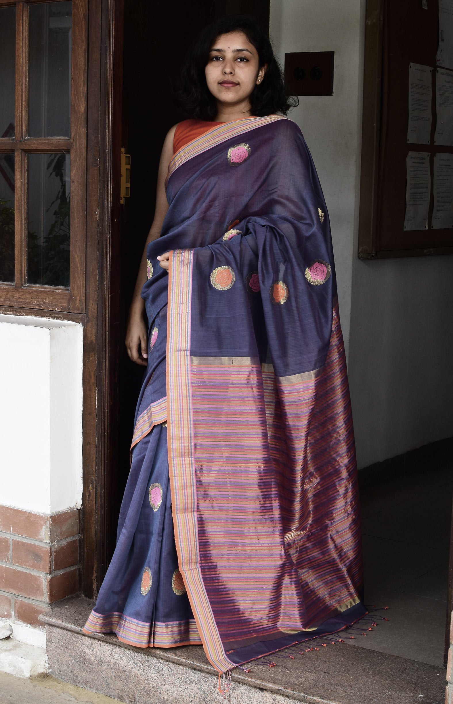   Blue Purple,  Handwoven Organic Cotton, Textured Weave , Jacquard, Festive Wear, Jari, Butta Saree